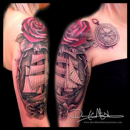 Tattoos - Ship and Rose Half-Sleeve Tattoo - 84305